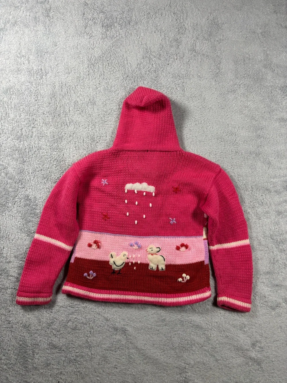 Pink Hooded Knit Zip-Front Sweater with Playful Animal Appliqués